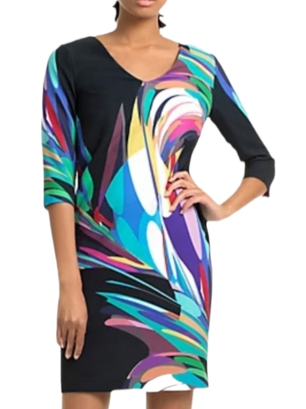 🖤NWOT Trina Turk Black Multi-Color Abstract Print Esteem V-Neck LS Mini Dress 6